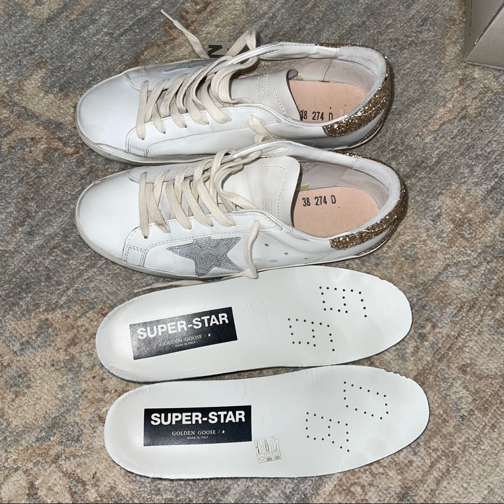Golden Goose White Sneakers with Gold Glitter Heel and Silver Star - Picture 4 of 13